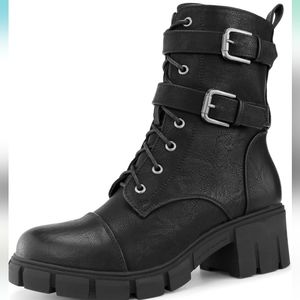 Hawkwell Women's Combat Boots Zipper Buckle Chunky Heel - US10/EU42